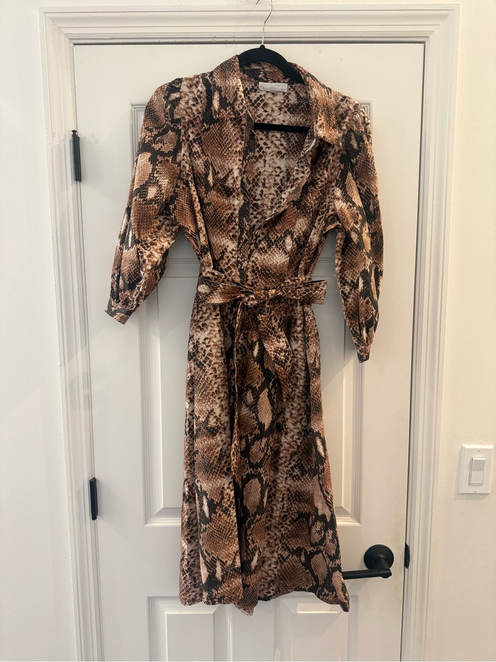 Caroline Constas Brown Black Snake Print Midi Button Down Shirt Dress Medium